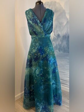 Teal Floral Maxi Dress with Pleated Bodice #269